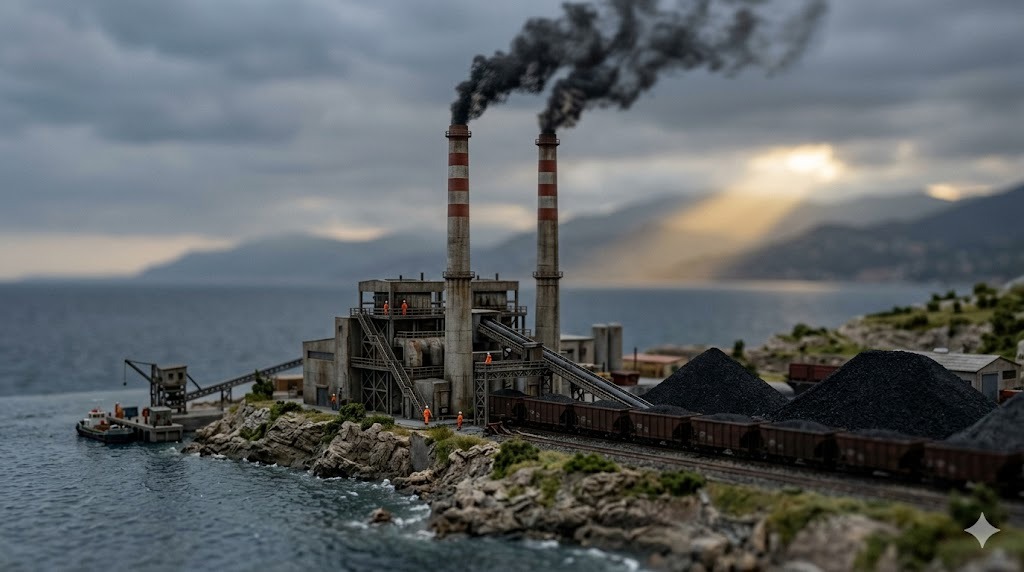 イタリア石炭火力2038年延長：チヴィタヴェッキア風地中海沿岸の発電所と二本の煙突・石炭ヤードのジオラマ（DEEPWIRE記事のジオラマ風アイキャッチ）