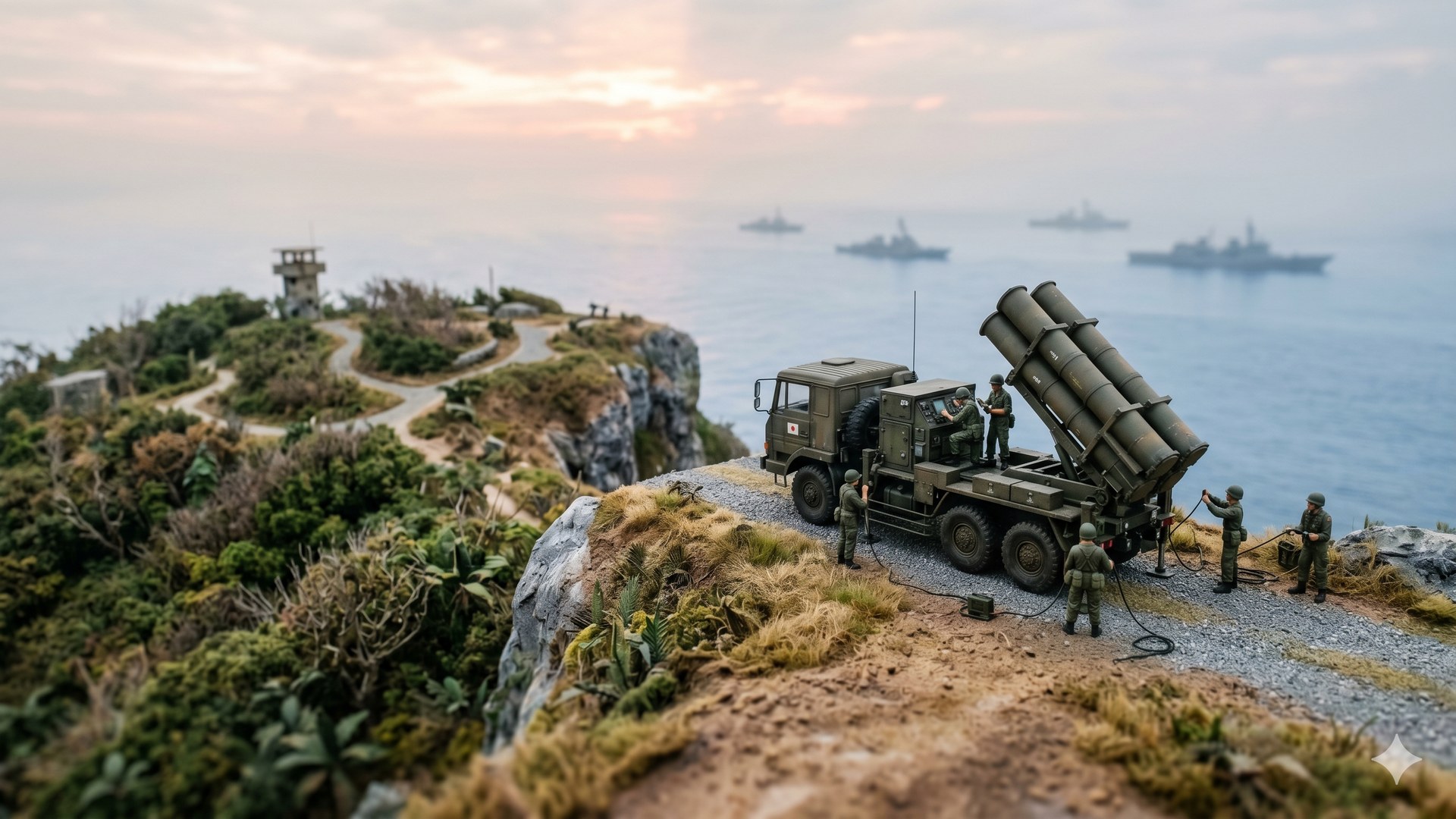 日比戦闘部隊展開：北部ルソン島の崖から南シナ海を望む自衛隊88式地対艦ミサイル（DEEPWIRE記事のジオラマ風アイキャッチ）