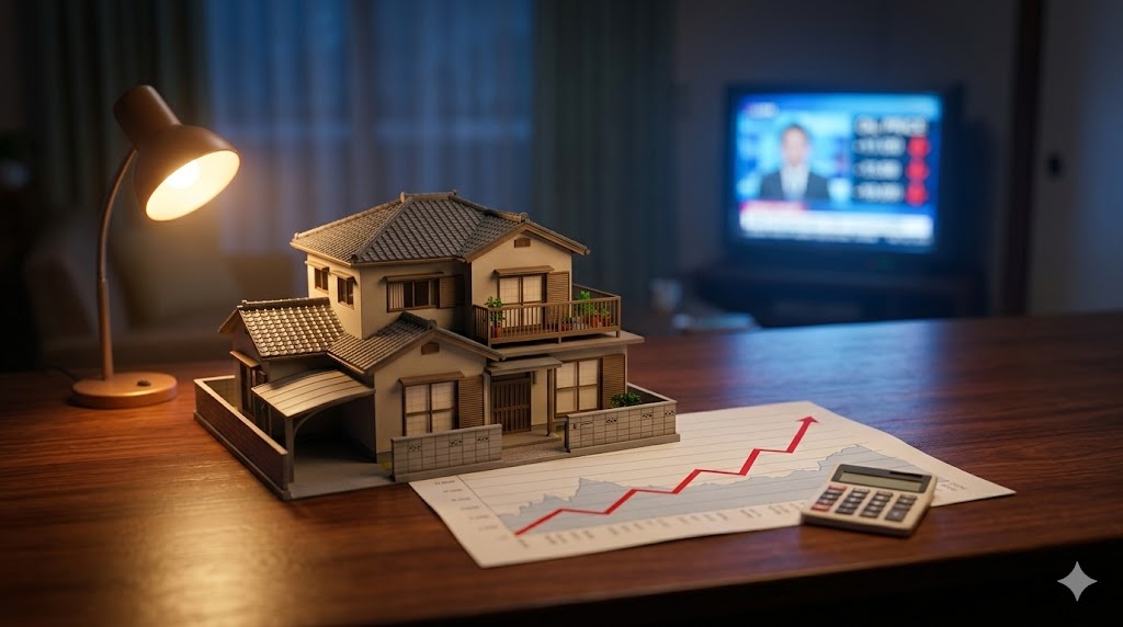 日銀4/28×ホルムズ×住宅ローン：家のミニチュアと金利チャートと油価ティッカーの卓上ジオラマ（DEEPWIRE記事のジオラマ風アイキャッチ）