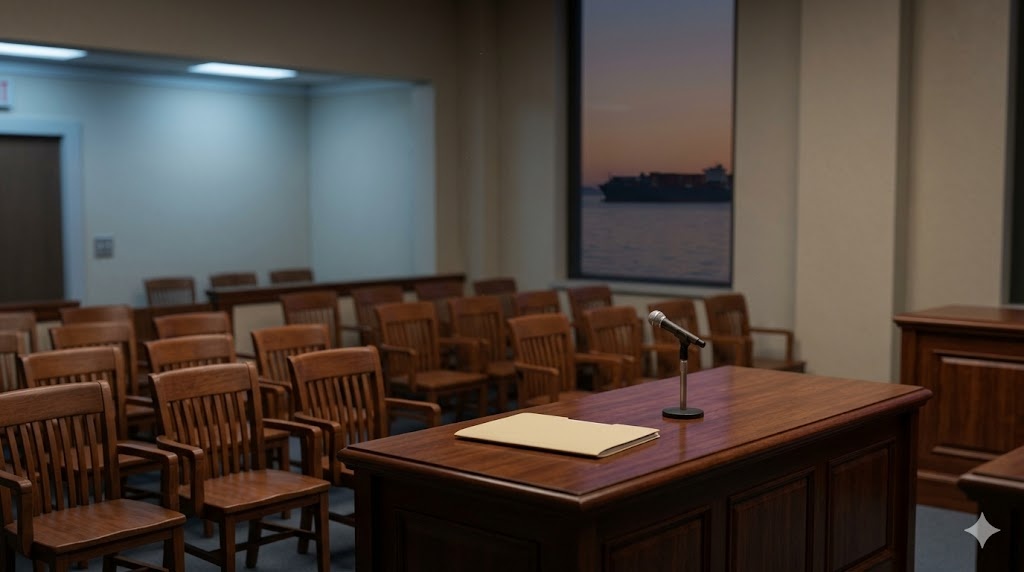 日米Section 301公聴会：ITC会議室の空席と証言者マイク（DEEPWIRE記事のジオラマ風アイキャッチ）