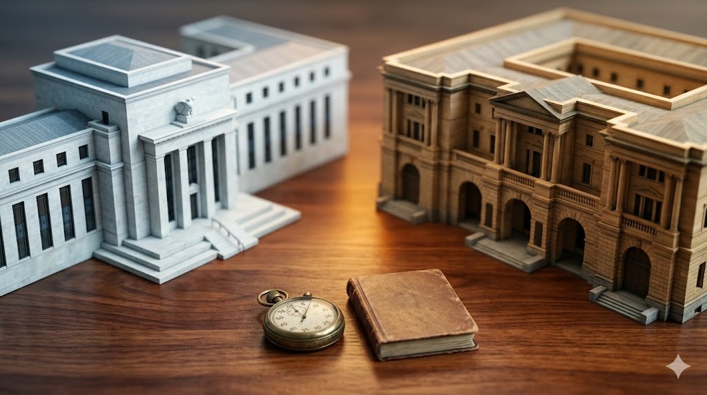 FOMC×日銀48時間：エクルズビルと日銀本店のスプリットジオラマと家計簿（DEEPWIRE記事のジオラマ風アイキャッチ）