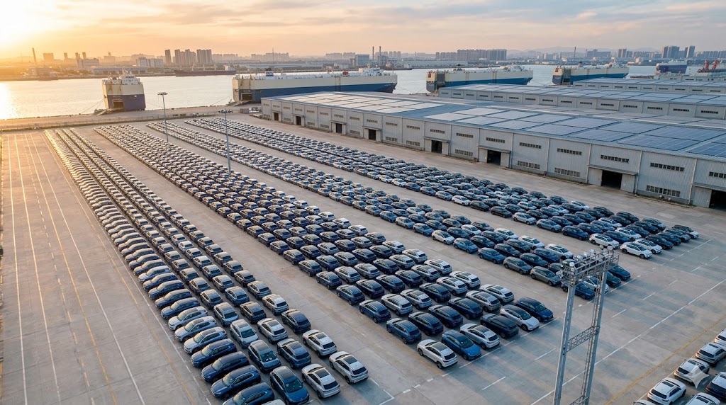 A vast modern automotive export yard in China with hundreds of new electric vehicles lined up for shipment, viewed from above at golden hour