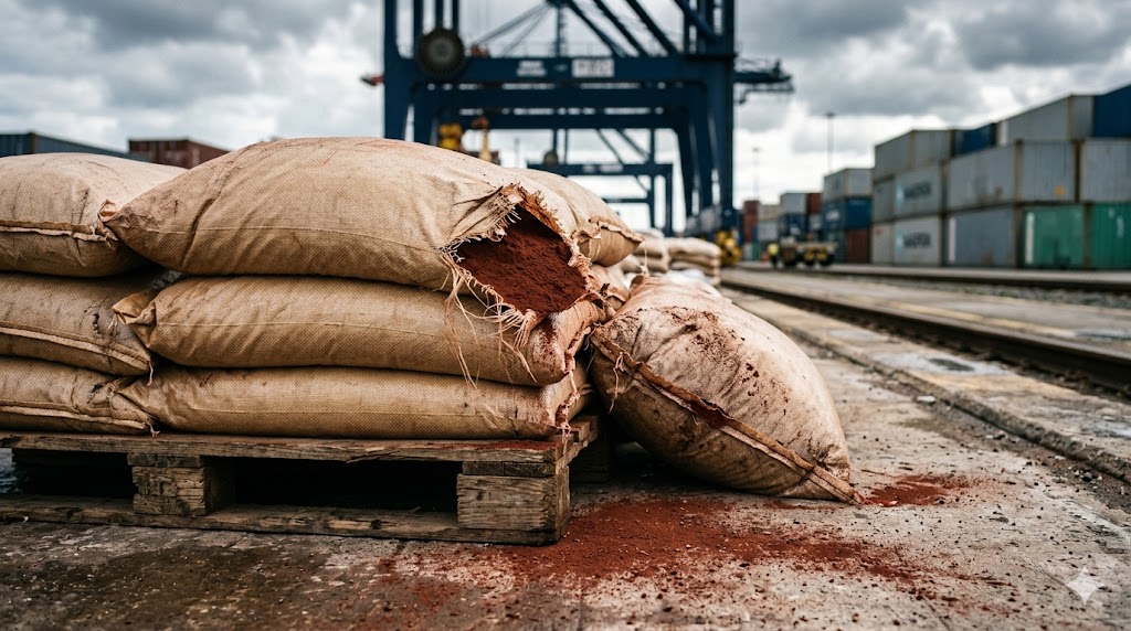 Industrial woven sacks filled with rust-red rare earth concentrate powder at a port loading dock with container crane and shipping containers in the background