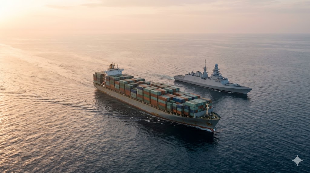 A large container ship transiting the Gulf of Aden with a modern naval frigate providing escort security at dawn