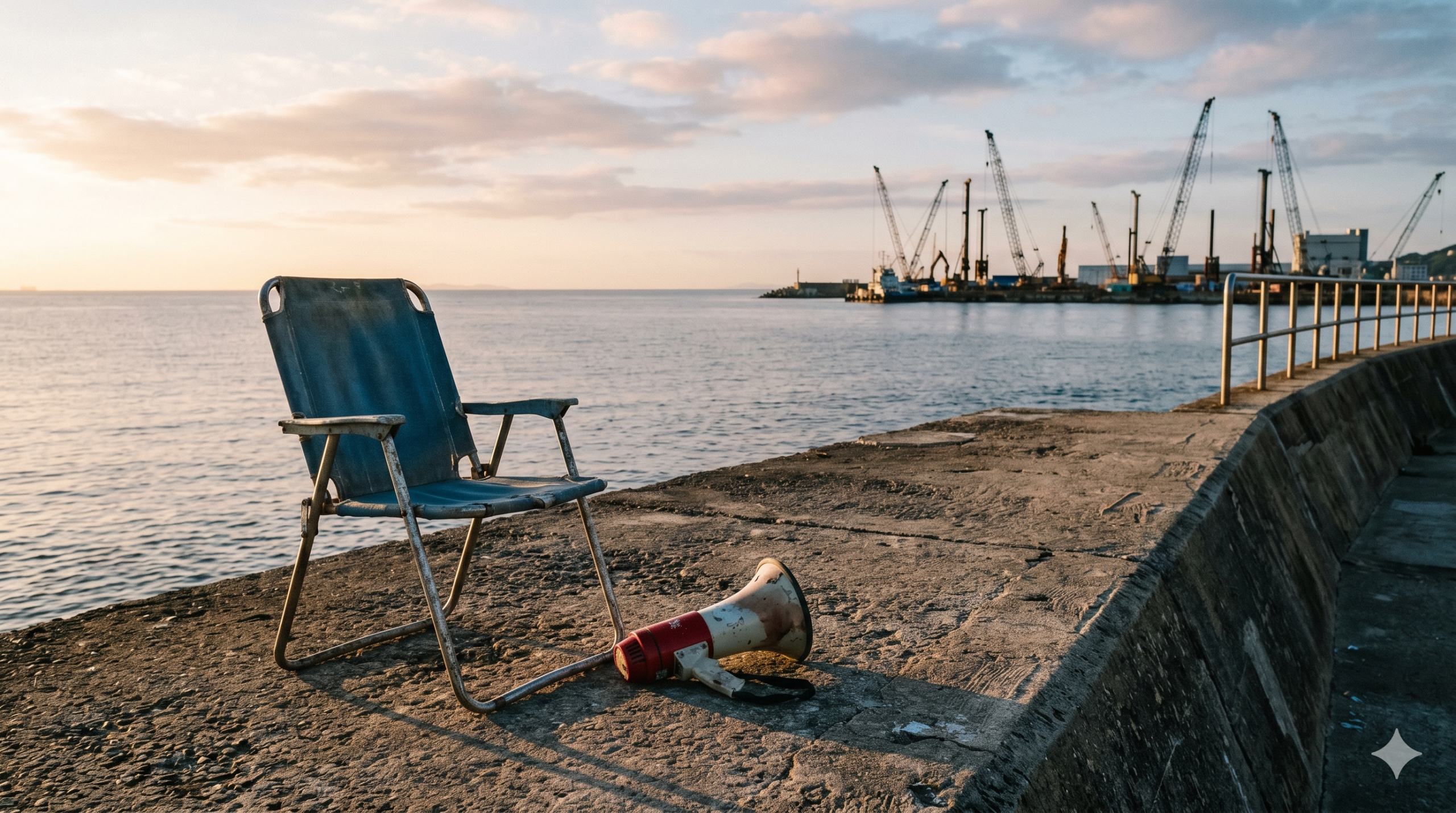 辺野古の防波堤に置かれた空の折りたたみ椅子とメガホン。遠景に建設クレーン。